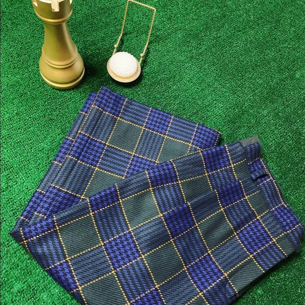 Vintage Bogner Blue & black houndstooth print w/ forest green & yellow stripes